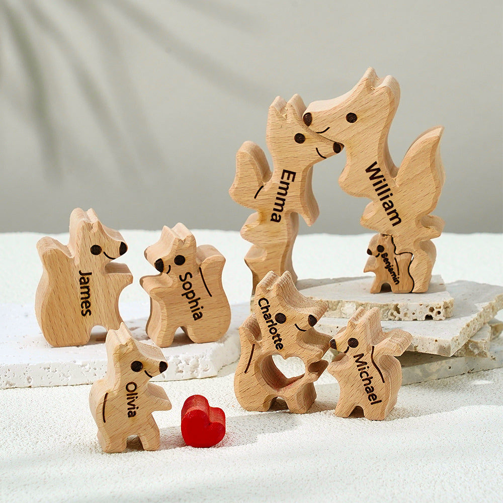 Puzzle In Legno Per Famiglie Di Volpi Con Nomi Personalizzati, Regali Per L'inaugurazione Della Casa