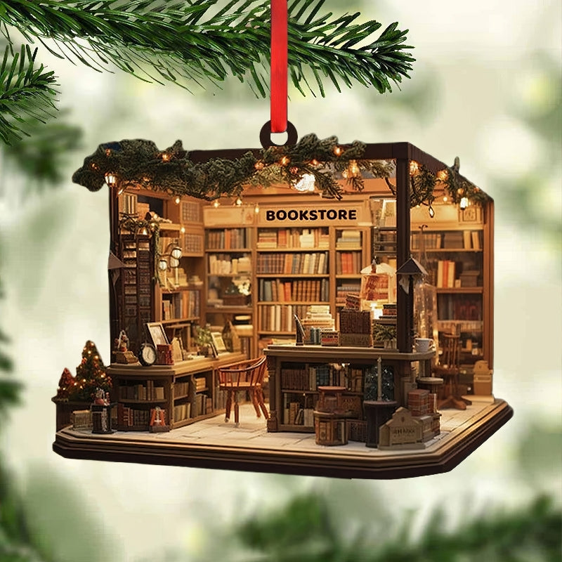 Christmas Bookstore Ornament Perfect Gift For Book Lovers【PS: This product is flat acrylic hanging type, Not 3D】