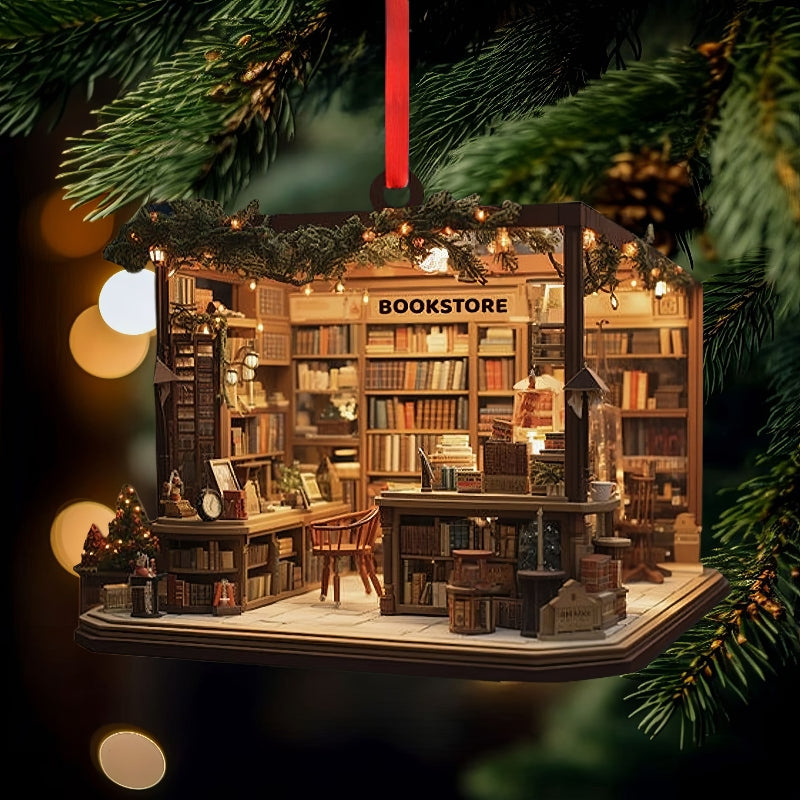 Christmas Bookstore Ornament Perfect Gift For Book Lovers【PS: This product is flat acrylic hanging type, Not 3D】