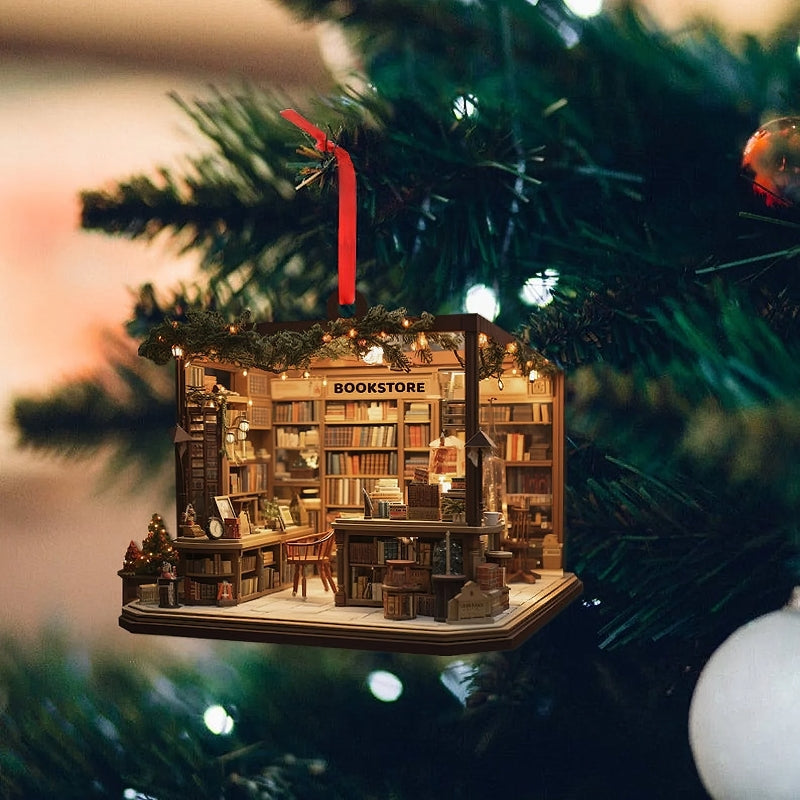 Christmas Bookstore Ornament Perfect Gift For Book Lovers【PS: This product is flat acrylic hanging type, Not 3D】