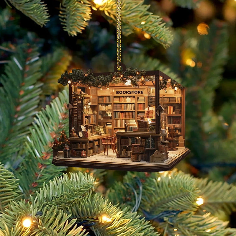 Christmas Bookstore Ornament Perfect Gift For Book Lovers【PS: This product is flat acrylic hanging type, Not 3D】