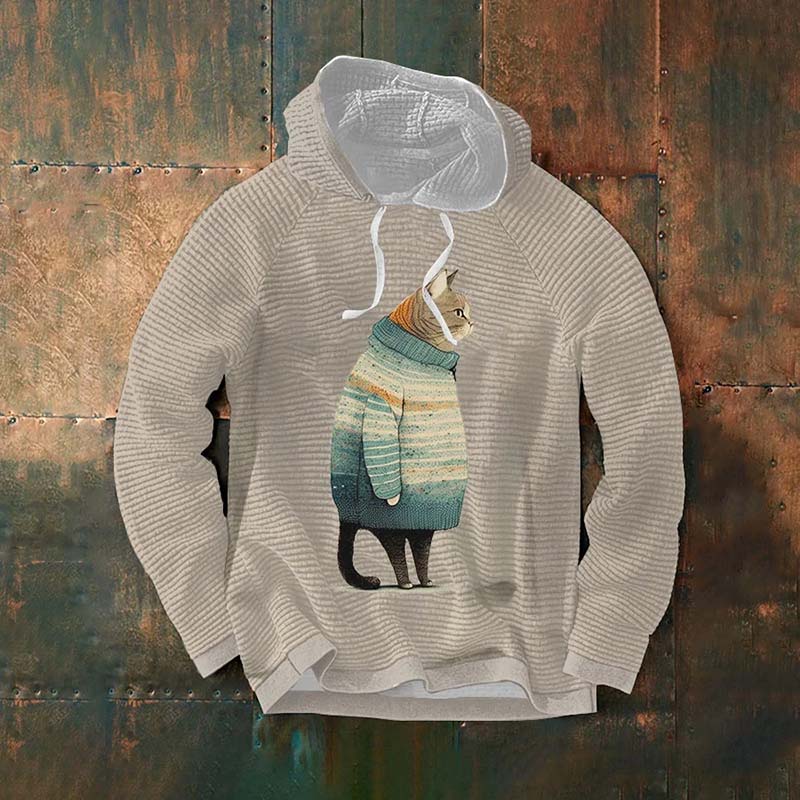 Men's Winter Cat Print Waffle Hooded Sweatshirt