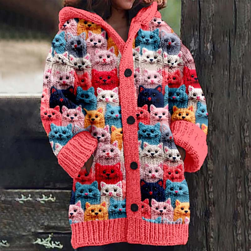 Colorful Cats Pattern Cozy Hooded Cardigan