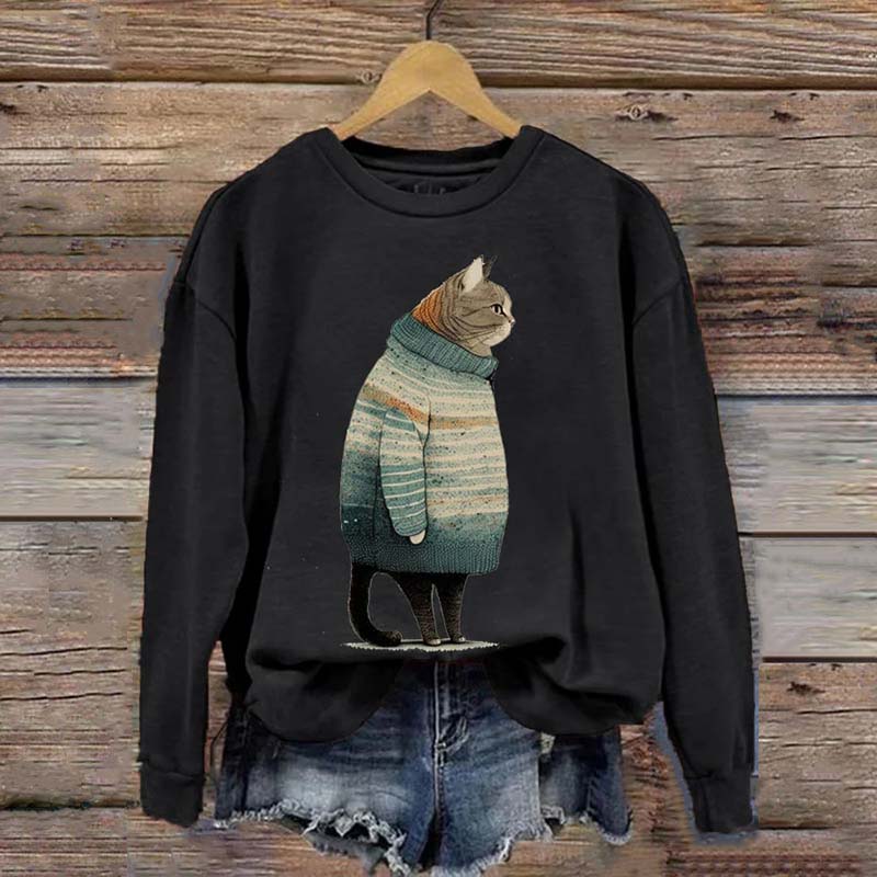 Women's Winter Cat Print Crew Neck Sweatshirt