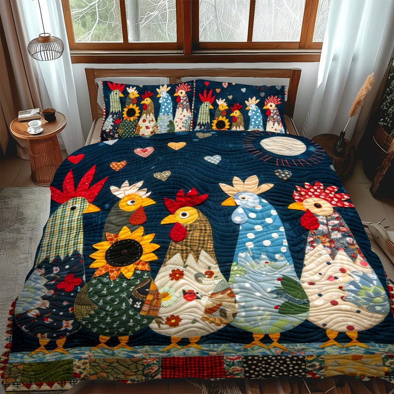 Moonlit Roosters 3-Piece Quilted Bedding Set