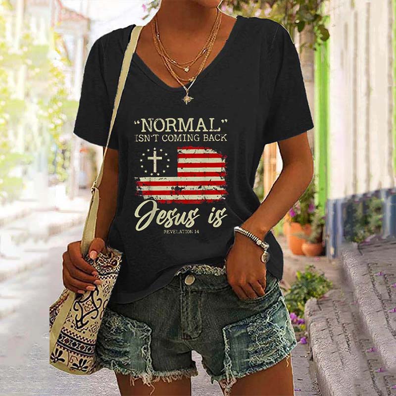 Normal Isn't Coming Back Jesus is Revelation 14 V-Neck Tee