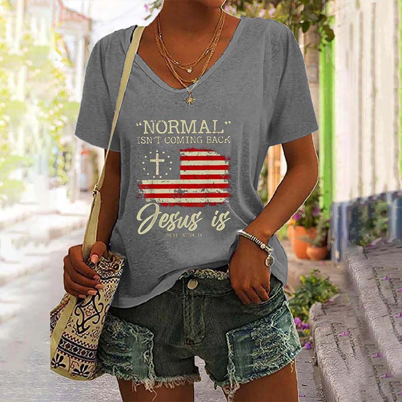 Normal Isn't Coming Back Jesus is Revelation 14 V-Neck Tee