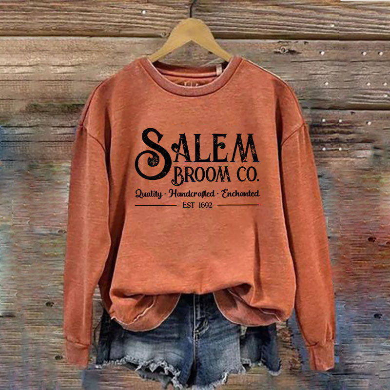 Women's Salem Broom Co Quality Handcrafted Enchanted Est 1692 Printed Round Neck Long Sleeve Sweatshirt