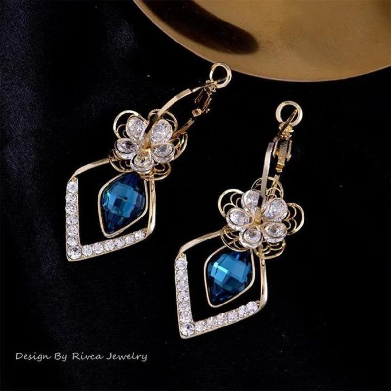 Flower Zircon Rhombic Sapphire Drop Earrings(925Silver)