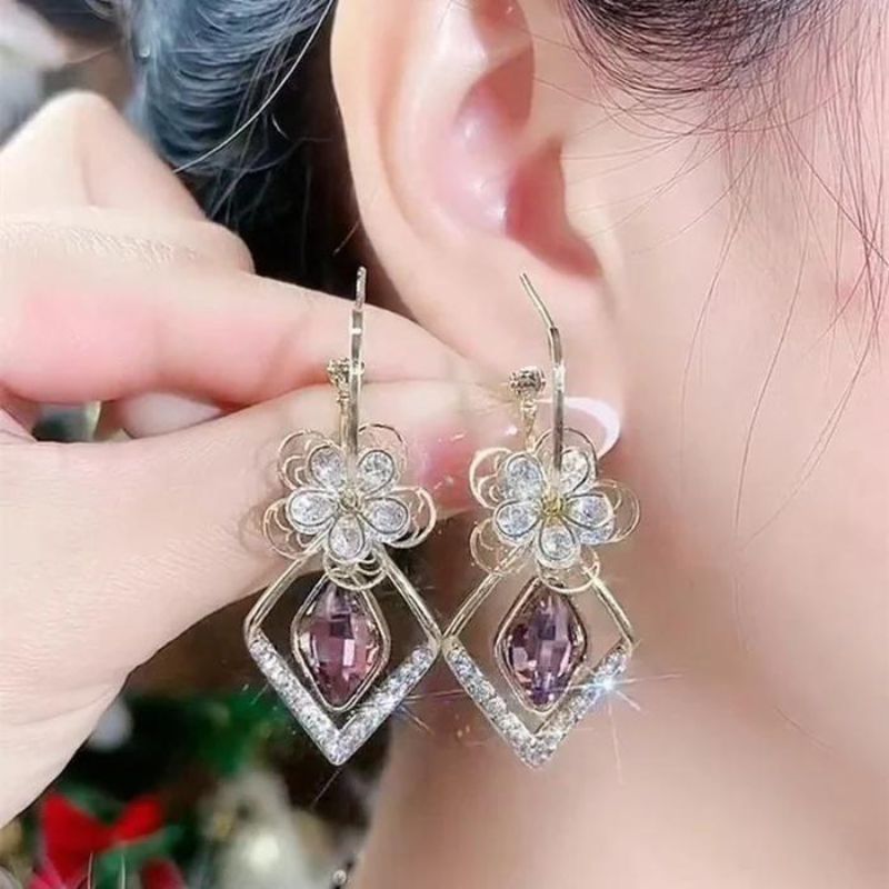 Flower Zircon Rhombic Sapphire Drop Earrings(925Silver)