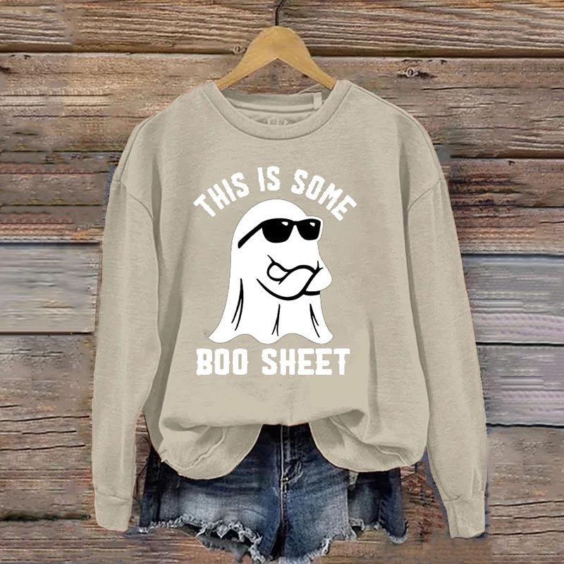 Women's Halloween This Is Some Boo Sheet Printed Crew Neck Long Sleeve Sweatshirt